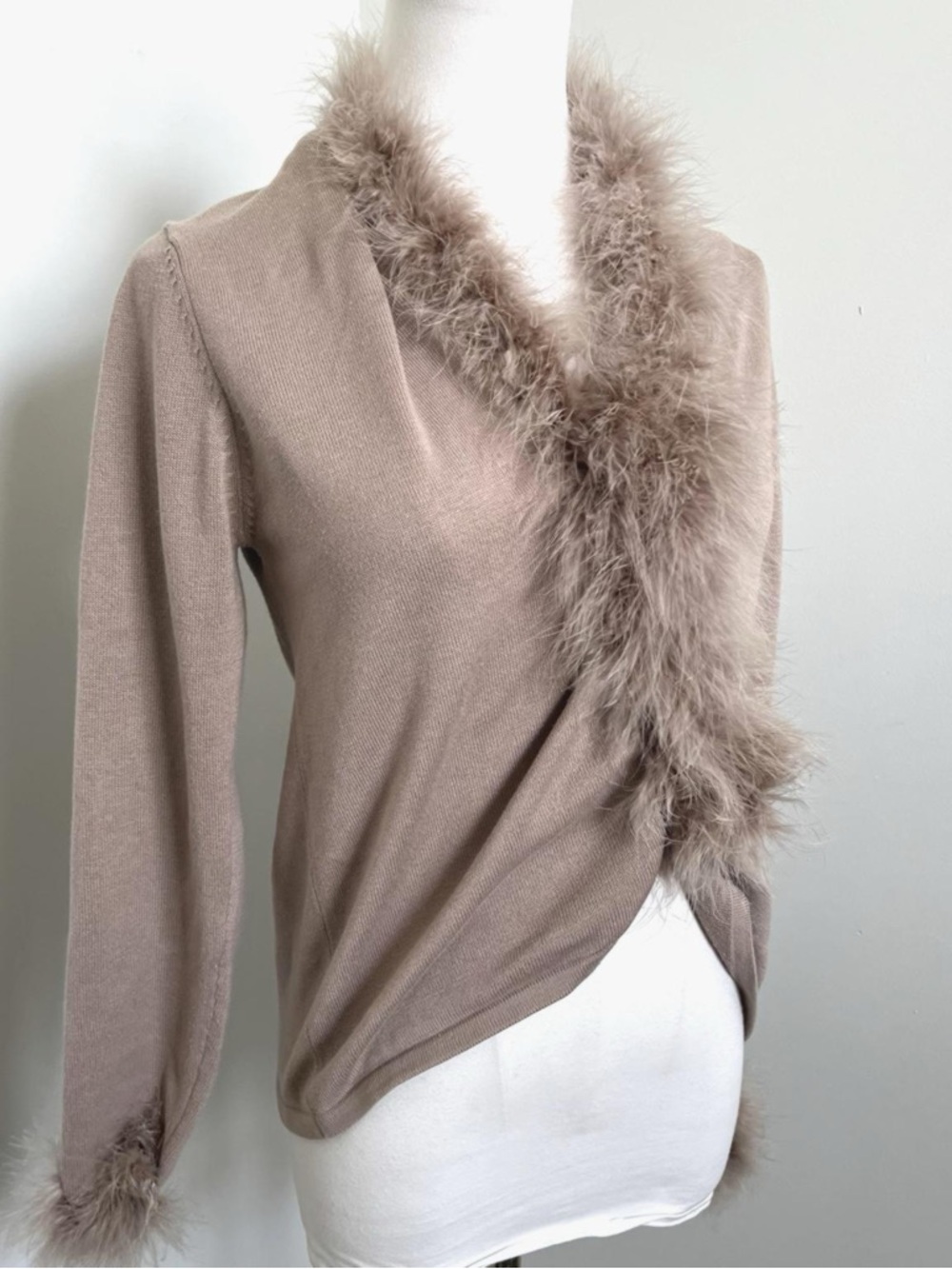 April Cornell Feather Trim Wrap Cardigan Taupe Romantic Boho s